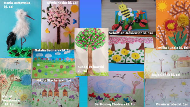grafika przedstawia kola zdj prac dzieci na temat oznak wiosny